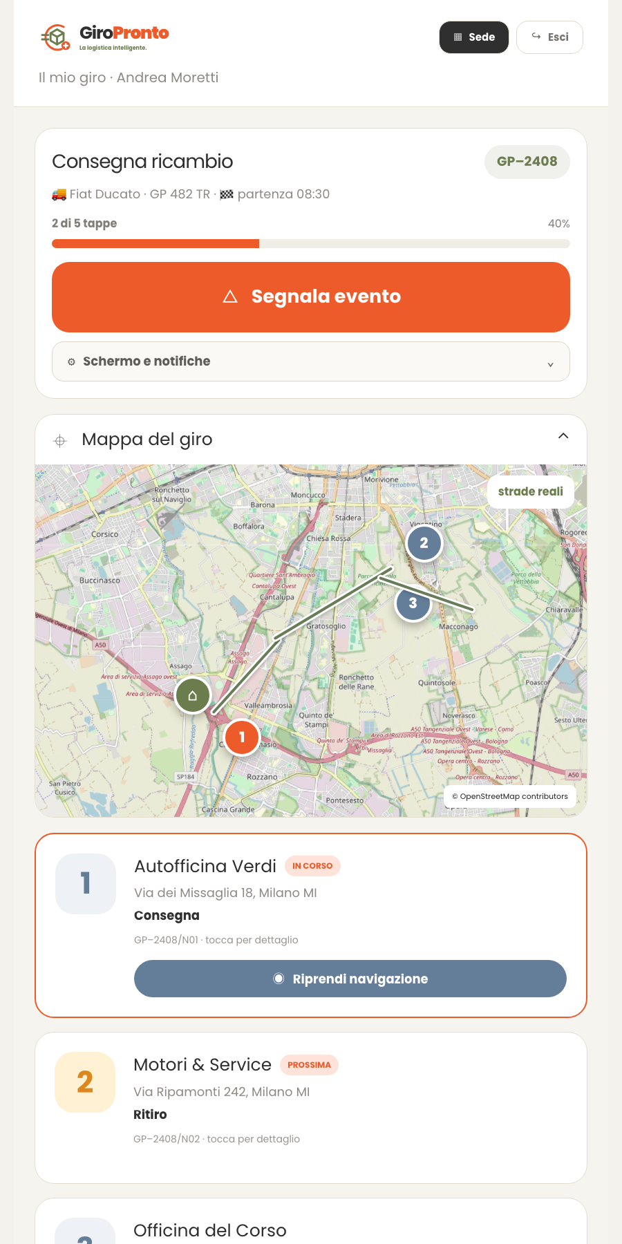 App autista GiroPronto con riepilogo del giro, mappa e tappe