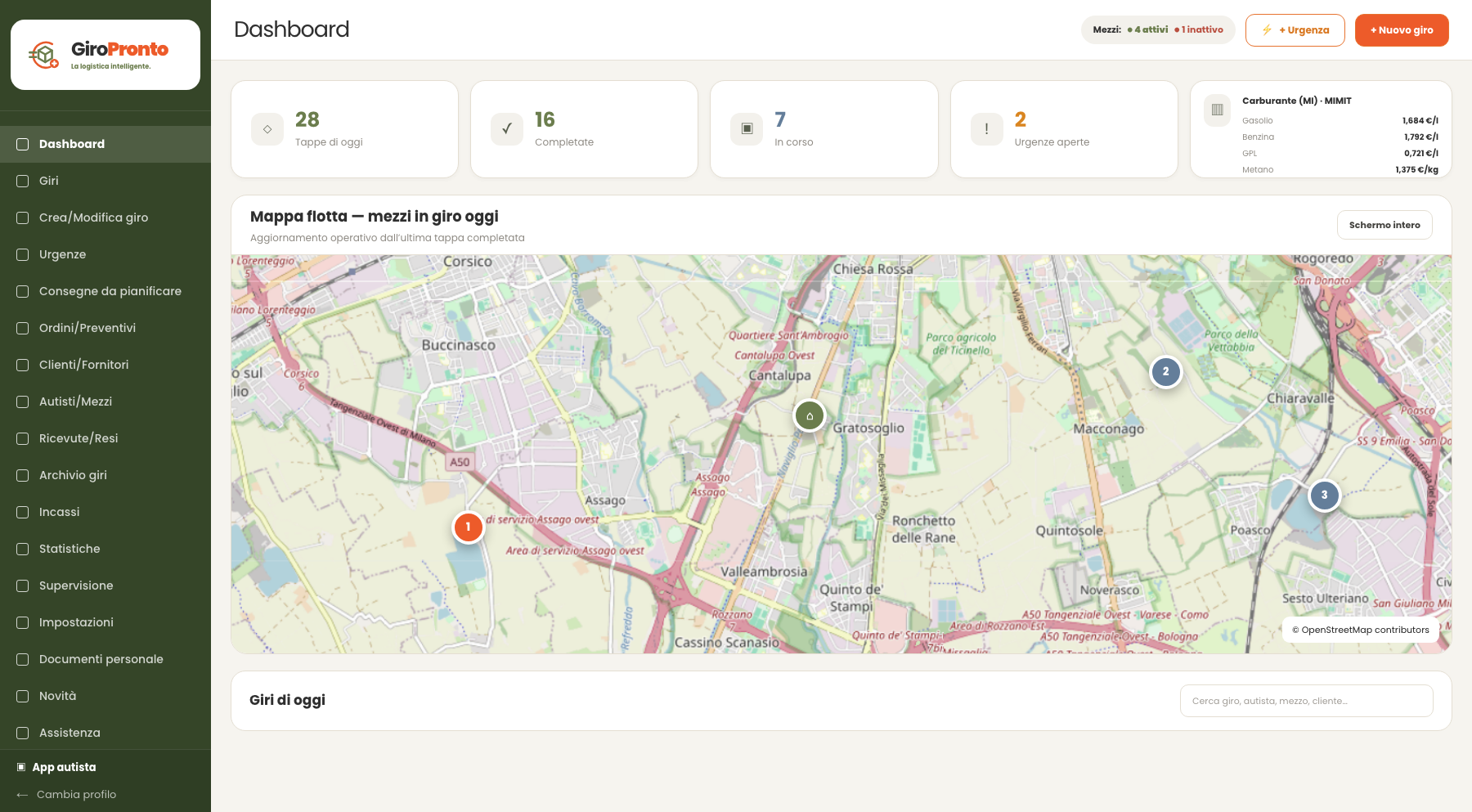 Dashboard GiroPronto della sede con menu operativo, indicatori e mappa flotta